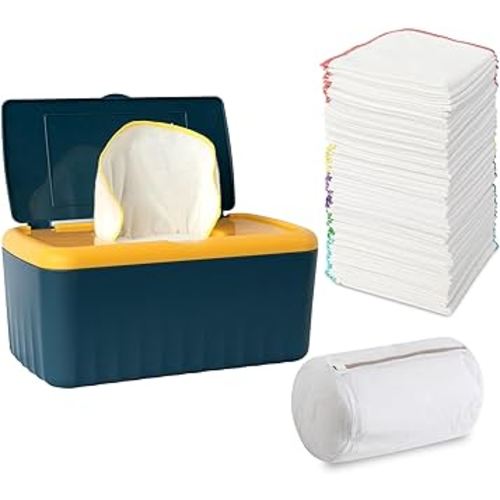 54 Packs Flannel Reusable Baby Wipes with Blue Wipes Dispenser, Reusable & Natural Skin-Friendly Cloth Baby Wipes, Body Face Hand Washcloth Essential for Cloth Diapers