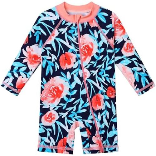 HUAANIUE Baby/Toddler Girls Long Sleeve Zipper Closure Swimsuit One Piece Swimwear with UPF50+ Sun Protection