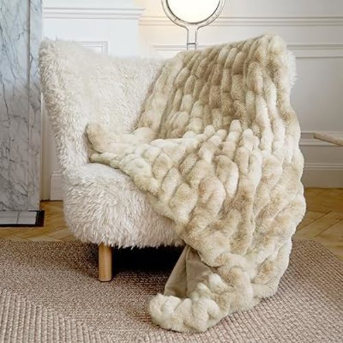 Faux Fur Blanket, Throw Blanket for Couch, Fluffy Blanket with Stretch Ruched Design, Ultra Soft Giftable Home Decor, 50x60 inches, Tie-Dyed in Khaki