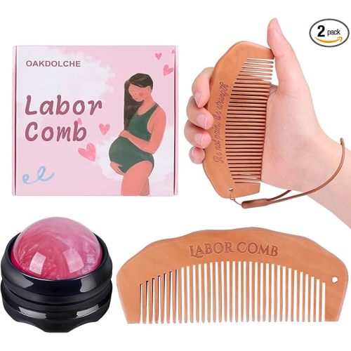 Birth Comb & Massage Roller Ball Kit for Women Labor and Delivery Essentials, Wooden Labor Comb Pregnancy Must Haves, Designed for Expectant Moms
