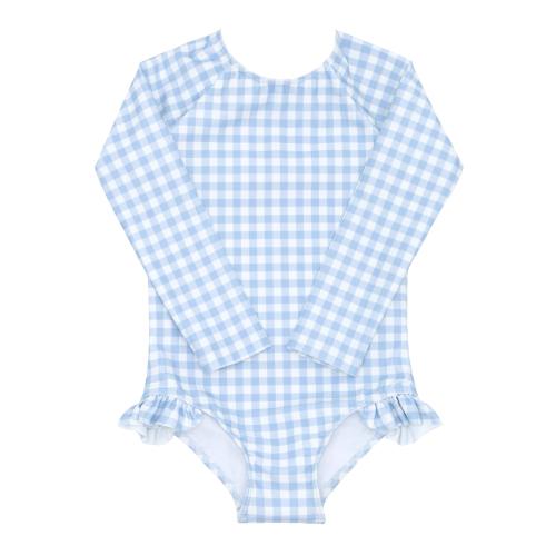 girls oasis blue gingham rashguard one piece: 3/4T