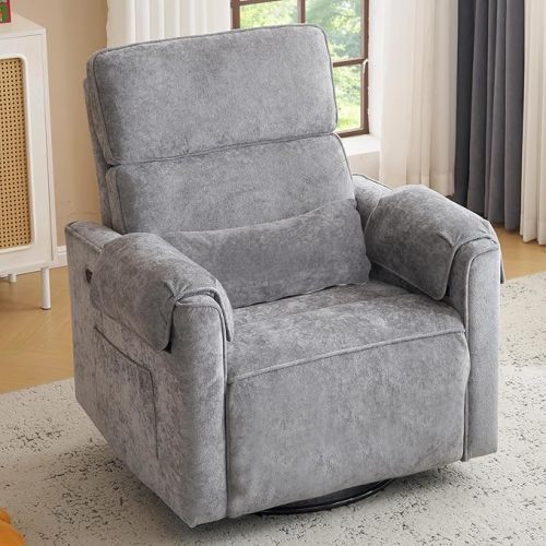 Oversized Power Recliner Chair Swivel Glider with Adjustable Headrest, Swivel Rocking Recliner Chair for Adults, 26" Extra Wide Glider Nursery Chair with Overstuffed Armrest, USB Ports, White
