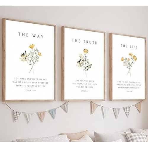 3Pcs Christian Bible Verse Floral Canvas Wall Art PicturesThe Way,The Truth,The Life Posters Prints Minimalist Botanical Painting Scripture Wall Decor for Living Room Bedroom 12x16in Unframed