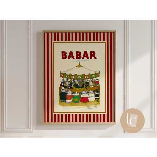 Babar the elephant carousel nursery wall art retro kids decor quote wall art genre neutral baby wall art illustration nursery print