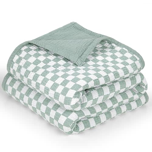 lulumoon Checkered Baby Blankets for Boys: Muslin Cotton Toddler Blanket for Daycare - Soft Lightweight for Nursery Stroller 47"× 47"（Sage Checkered）