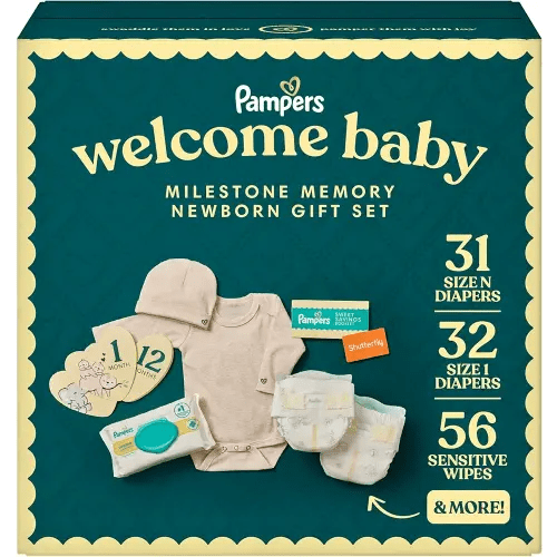 Pampers Gift Set, Disposable Diapers, Sensitive Wipes, & Milestone Gifts