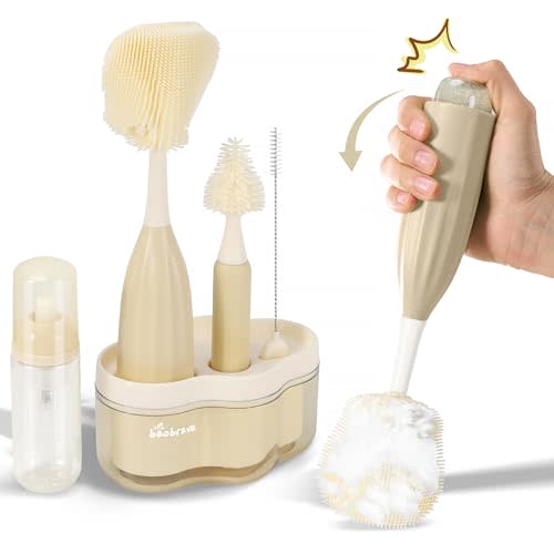 Baby Bottle Brush Set [Push-Press + Bendable Bottle Brush: 360°Comprehensive Cleaning] Baby Bottle Cleaner Brush Set for Baby Bottle/Nipple/Straw/Breast Pump Drying Rack and Travel Bag Included
