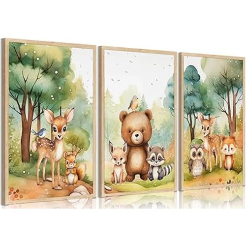 3Pcs Woodland Animal Nursery Wall Art Forest Animal Wall Decor Cute Watercolor Deer Bear Fox Poster Canvas Prints Paintings Pictures Artwork for Kids Baby Bedroom Decor Unframed Poster 12X16in