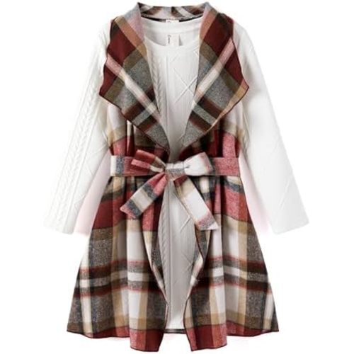 PATPAT Girls Fall Cardigan Dress Set – Ribbed Long Sleeve Dress with Removable Plaid Belted Outerwear, 18M-12Y