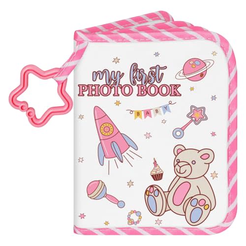Lanpn Baby Photo Album Holds 17 4x6 Pictures, My First Soft Cloth Family Photo Book with Name Card & Name Tag Sticker, Fabric Kid Memory Keepsake Gift for Baby Shower Newborn Toddler Girl (Bear)