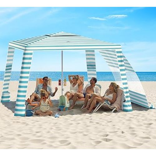 Rhino Valley Beach Cabana, 8 * 8FT Beach Tent UPF50+ Protection, Easy Setup Beach Canopy Wind Resistant with Cup Holder, Compact Beach Shade Foldable Beach Tent Sun Shelter, Light Blue Stripes