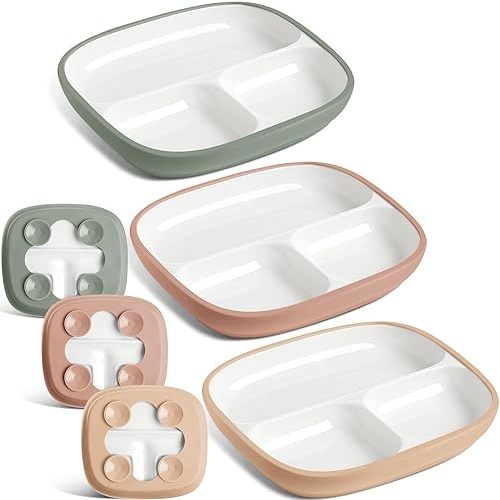Domensi Kids Porcelain Plates with Silicone Sleeves 8.2 Inch Divided Porcelain Plate Toddler White Suction Dishes for Baby Troubleless Eating Microwave Dishwasher Safe(Vibrant,3 Set)