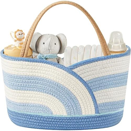Baby Diaper Caddy Organizer - Portable Cotton Rope Diaper Caddy Basket for Nursery, Gift for Baby Shower List, Storage for Diapers, Wipes, Toys & Newborn Essentials (Blue/White)