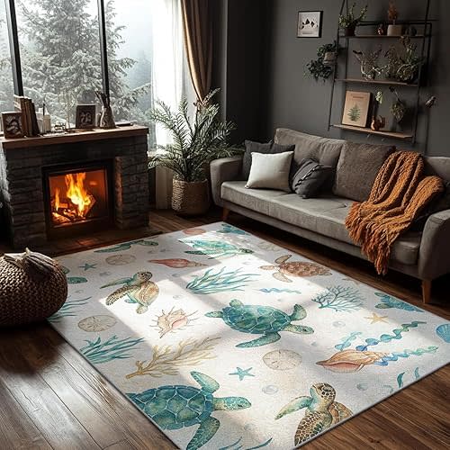 Sea Turtle Area Rug, 4x5ft, Watercolor Marine Life Decorative Floor Carpet, Nautical Ocean Theme Sea Shell Starfish Rug for Living Room, Non-Shedding Comfortable Soft Carpet for Nursery Room