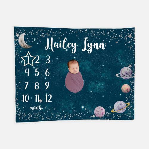 Outer Space Baby Milestone Blanket, Stars and Planets Baby Milestone Blanket, Galaxy Monthly Baby Blanket, Moon Outer Space Baby Blanket T21