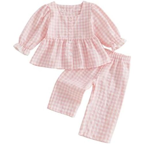 Thorn Tree Girls Fall Outfits Long Sleeve Button Up Shirt Tops Plaid Linen Pants Toddler Girl Clothes Gingham Outfit