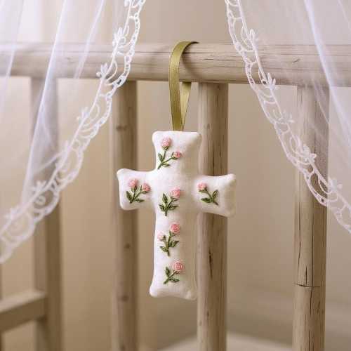 Personalized Roses Embroidery Linen Cross, Flower Fabric Cross, Hand Crafted Cross for Baby Crib, Newborn/Kids Room Decor, Baptism Gift