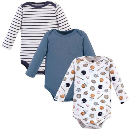 Hudson Baby Infant Boy Cotton Long-Sleeve Bodysuits 3pk, Basic Sports, 3-6 Months