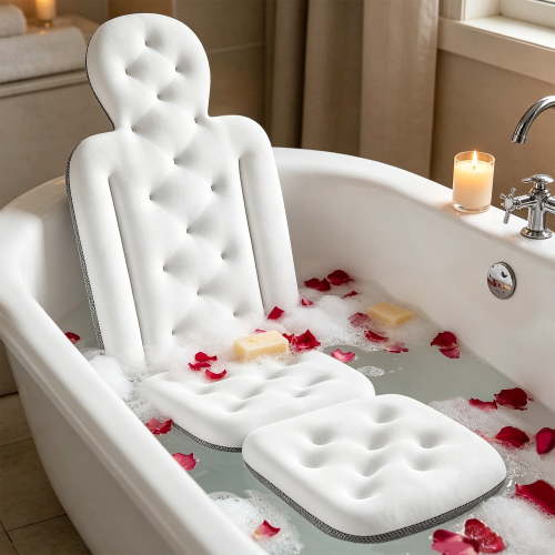 VOXOR Full Body Bath Pillow, Thick Tub Cushion, White 51"x16", Luxury Headrest for Neck and Back Support