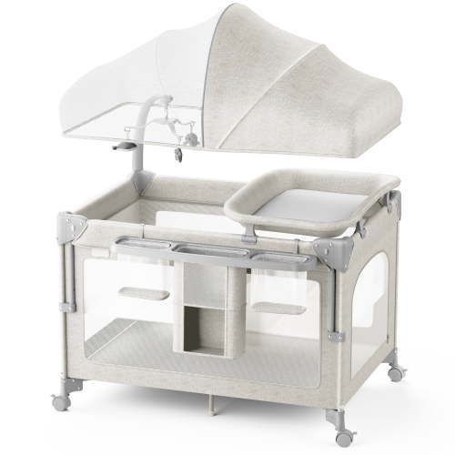 Babyomi Baby Bassinet with Changing Table, 5 in 1 Baby Bassinet Bedside Sleeper with Quick Collection Function and Storage Basket, Toys, Mosquito Net for 0-24 Months, Beige