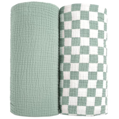 lulumoon Muslin Swaddle Blankets for Baby: Soft Cotton Newborn Receiving Blankets - Plaid Print Nursery Gift Set for Baby Girls(SagePlaid)