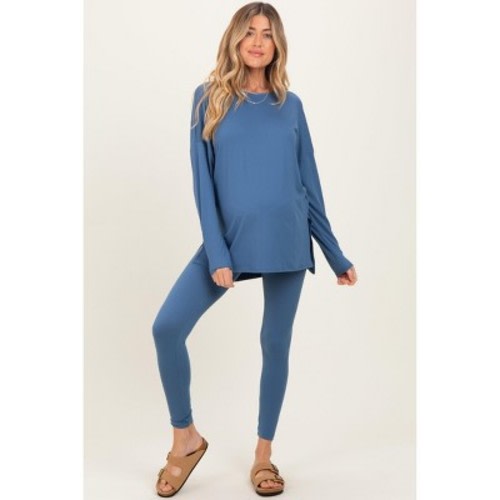 Pinkblush Dusty Blue Brushed Knit Maternity Oversized Top and Legging Set Large