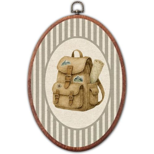 Lulavo Vintage Camping Backpack Nursery Oval Wall Art, Grey Striped Canvas Prints Framed, Retro Adventure Backpack Decor for Neutral Toddler Room Playroom Bedroom Hanging Decoration, 8.6 x 11.4 Inch