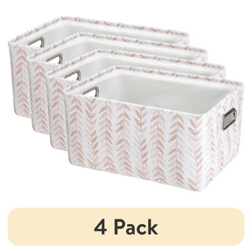 (4 pack) Mainstays Pink Blush Leaf Canvas Fabric Decorative Storage Basket with Handles, 15 in x 8 in x 11 in