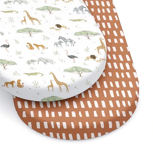 Baby Bassinet Sheets for Boy, Girl (Safari Adventures) 2-Pack - Fitted Bedside Bassinet Sheets - Buttery Soft Cotton Blend for Standard Mattress Pad