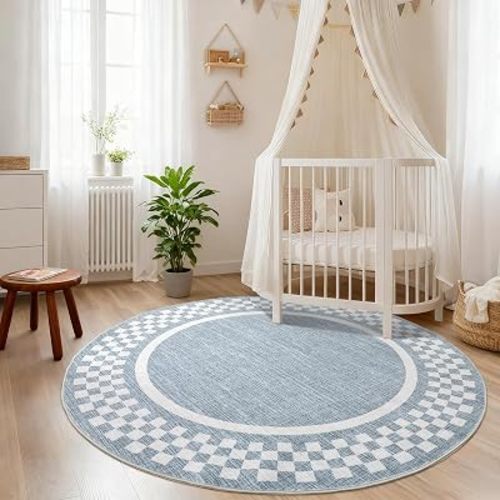 6ft Washable Round Rug for Entryway Modern Checkered Bedroom Circle Rug Non Slip Soft Dining Room Round Throw Carpet Large Stain Resistant Border Round Rugs for Living Room Kitchen Bathroom, Blue
