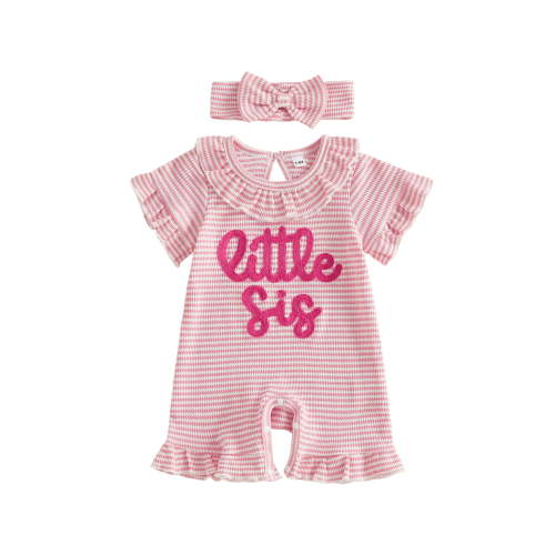 BemeyourBBs Newborn Baby Girls Little Sister Outfit Waffle Knit Ruffle Romper Little Sis Letter Embroidery Short Sleeve Infant Bodysuit Jumpsuit Headband Cute Baby Girl Summer Clothes