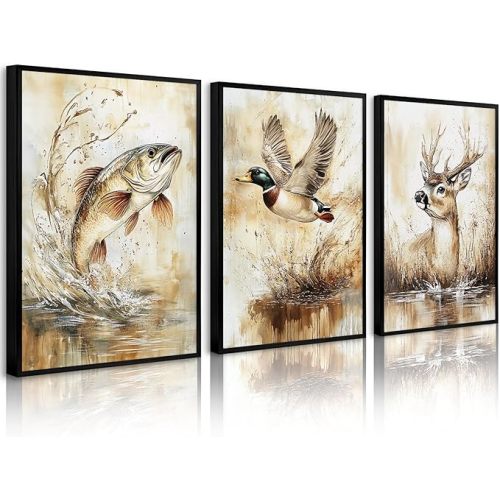 Vintage Animal Wall Art Baby Boy Room Canvas Wall Decor Farmhouse Animal Posters Kids Nursery Hunting Art Prints Rustic Deer Fish Pictures Mallard Duck Painting for Bedroom 12x16 Inch Unframed 3pcs