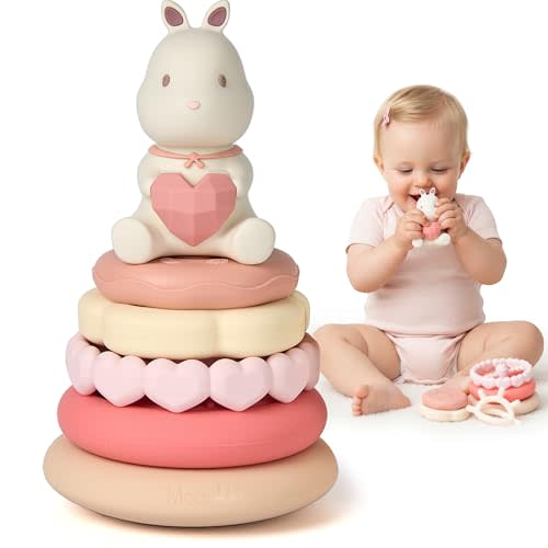 Moonkie Bunny Baby Stacking Toys | 7-Piece Silicone Rings for Teething Relief | Educational Toy for Infants & Toddlers 6 Months+ | Baby Shower or Birthday Gift for Girls