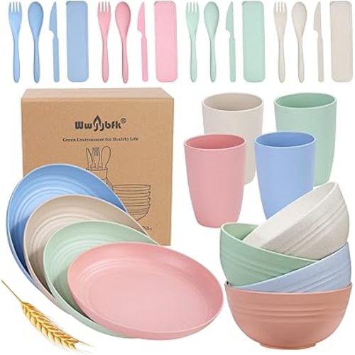 Wheat Straw Dinnerware Sets for 4, Wheat Straw Plates and Bowls Sets Kitchen Dishes 28pcs College Dorm Room Essentials Cutlery Set Microwave Safe (Colorful)