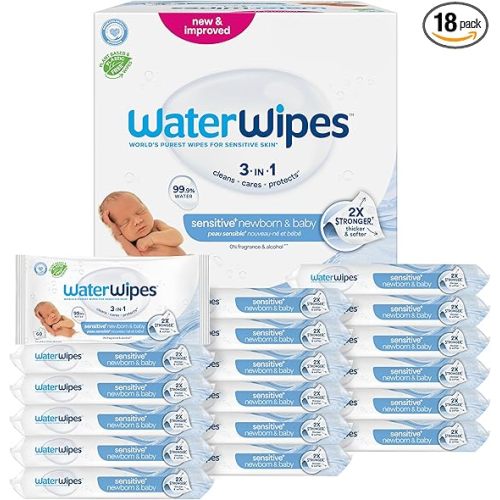 WaterWipes Sensitive+ Newborn & Baby Wipes, 3-In-1 Cleans, Cares, Protects, 99.9% Water, Unscented & Hypoallergenic, 1080 Count (18 Packs)