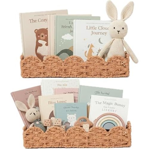 Scalloped Rattan Wall Shelf – Floating Bookshelf for Nursery, Bedroom or Living Room – Decorative Boho Scalloped Shelves, Rattan Wall Shelf for Storage, Nursery Book Shelf & Display