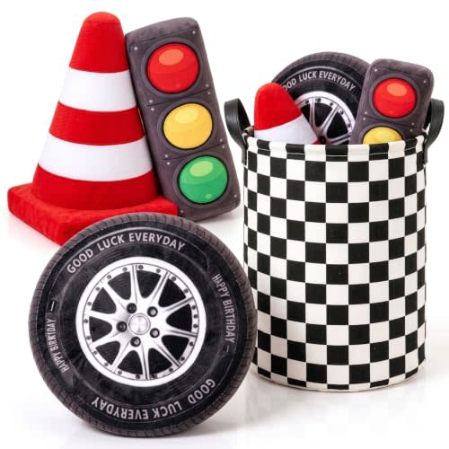 Lewtemi 3 Pcs Race Car Themed Pillows Set with 1 Checkered Storage Basket | Tire, Traffic Cone & Traffic Light Plush Pillows, Checkered Flag Basket for Toy Storage, for Boys Bedroom & Race Party Decor