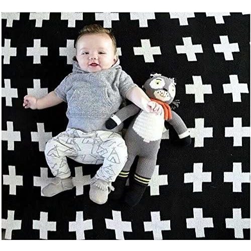DOKOT Black and White Throw Blanket Swiss Cross Pattern 100% Cotton Knitted (35x43 inches, Swiss Cross)