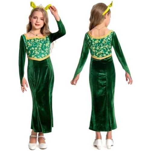 Girls Princess Costume Dress Pretty Green Gown Halloween Long Sleeve Outfit Birthday Party Cosplay Dress Up