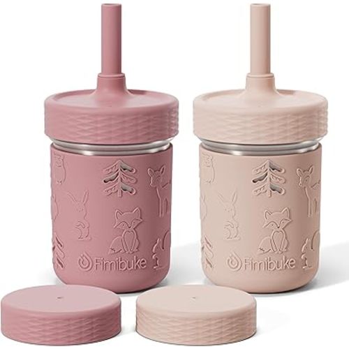Fimibuke Toddler Cups Spill Proof, 8 OZ Sippy Cups for Kids Girl Boy, Leak Proof Stainless Steel Tumbler with Lid, Silicone Straw & Sleeve, BPA Free Dishwasher Safe Water Bottle Snack Container 2 Pack