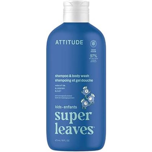 ATTITUDE Shampoo and Body Wash for Kids, EWG Verified Hair and Body Cleanser, Dermatologically Tested Soap, Plant and Mineral Based Bath Products, Vegan, Blueberry, 16 Fl Oz