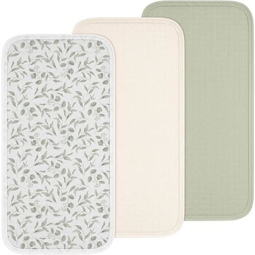 3 Pcs Waterproof Changing Pad Liners Reusable Diaper Pad Liners for Girl Boy 27.5 x 14.2 Quilted Floral Cotton Changing Table Cover(Green Leaves)