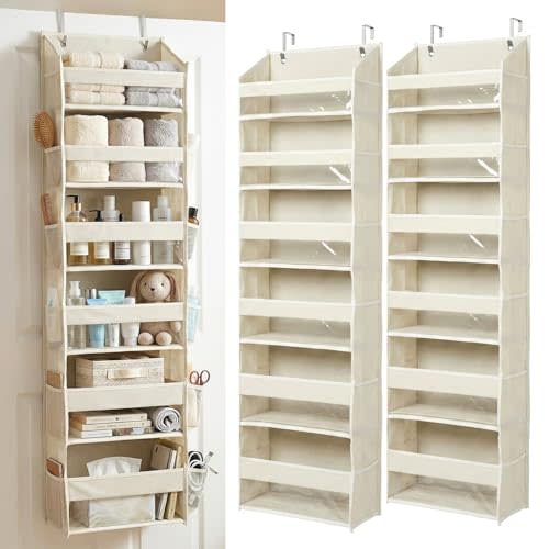 UPGRADED 6 Tiers Over The Door Organizer Hanging - 100D EXTRA THICK & 50lbs HUGE CAPACITY, 12 Side Mesh Pockets Over The Door Shoe Organizer, Hanging Closet Organizer (Ivory, 2pc)