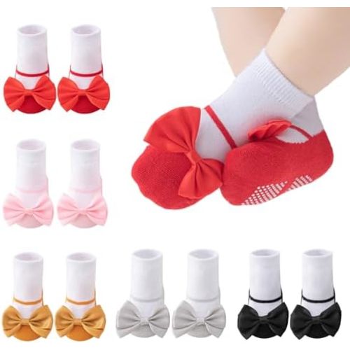 Baby Girl Socks Non Slip Newborn Baby Socks with Grips Cute Bow Infant Toddler Princess Socks Ballet Slipper 5 Pairs
