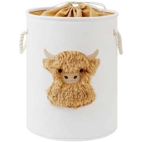 Kids Laundry Basket Nursery Hamper Baby Laundry Basket Stuffed Animal Toys Storage Baskets for Toddler Room Decor, Dirty Clothes Hampers with Drawstring Closure for Bedroom/Living Room, Highland Cow