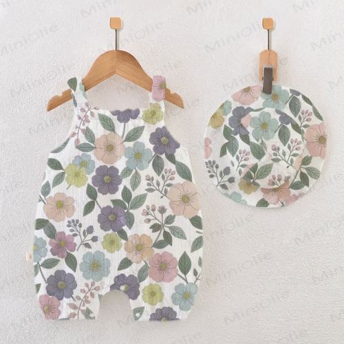 Baby Multi-Flower Print White Romper With Hat
