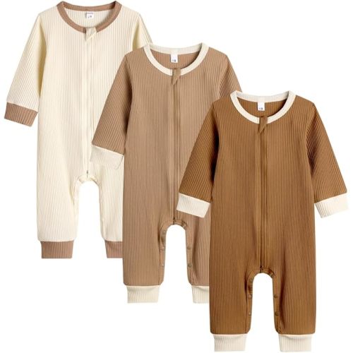 Bafeicao Unisex Baby Boy Girl 2/3 Pack Rompers Long Sleeve 2 Way Zipper One Piece Jumpsuits Clothes Sets