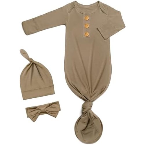 Newborn Baby Knotted Gown Extra Long, Super Soft Silky Infant Long Sleeve Sleeper with Tie Bottom, Baby Girl and Boy Sleep Bag with Mittens, Bow, and Hat Set Camel[Camel,Newborn]