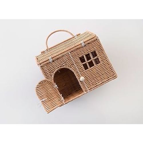 Rool Rattan House Shaped Basket Wicker Small Dollhouse Gift for Girls, Boho Toys, Mouse in a Box House, Little Girl Purse Clutch, Doll Carrier (Brown)