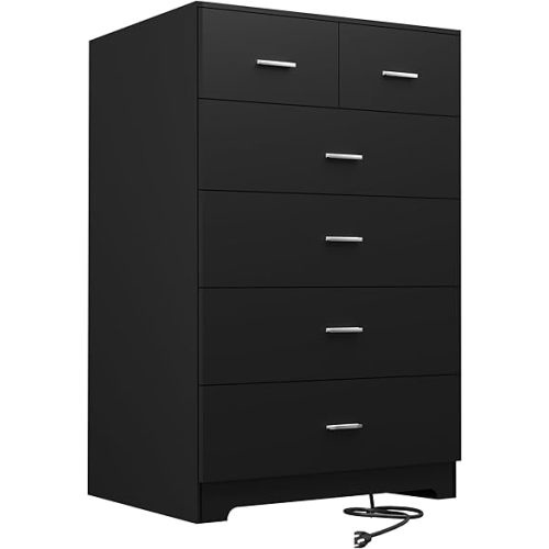Dresser with Power Outlets Wooden 6 Drawer Dresser with Large Organizer Black Tall Storage Organizer with Smooth Metal Rail Modern Chest of Drawers Closet for Bedroom Hallway